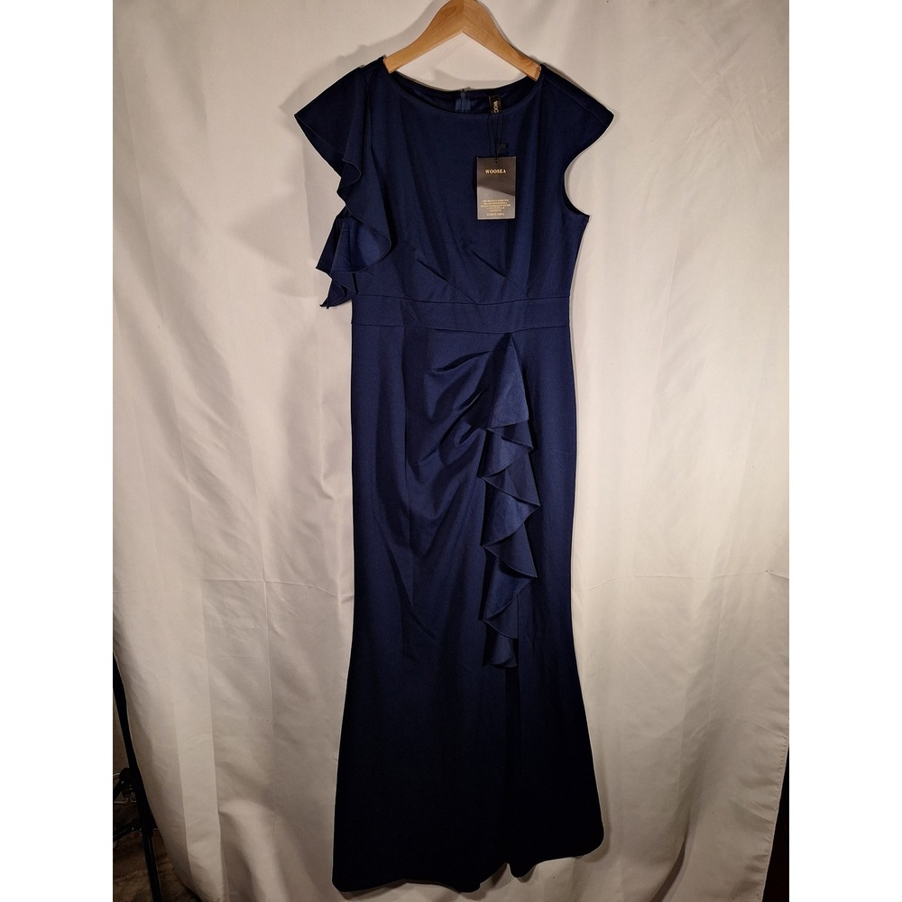 WOOSEA Women Navy Blue‎ Ruffle Mermaid Evening Gown Maxi Dress Large NEW